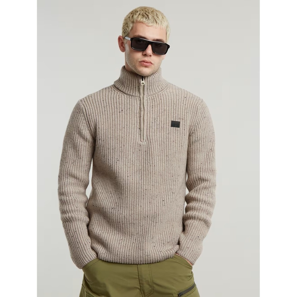 G-Star Raw Double Collar Skipper Knit Sweater Beige Melange Quarter Zip D25123